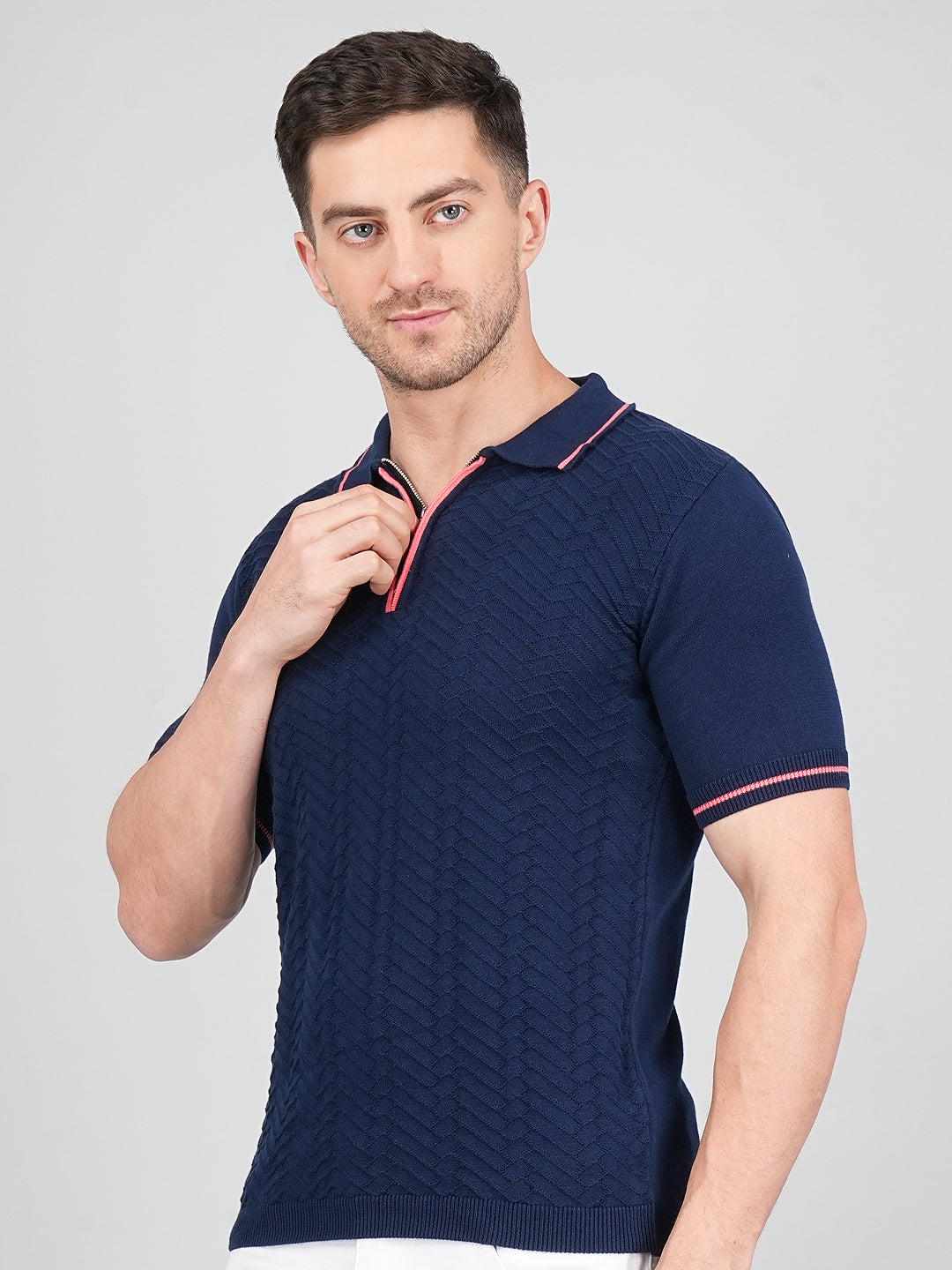 FEVERFEW Men Self Design Polo Neck Pure Cotton T-Shirt