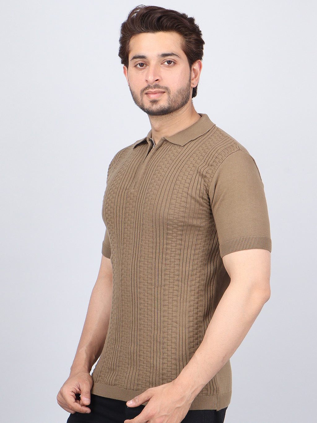 FEVERFEW Men Self Design Polo Neck Pure Cotton T-Shirt