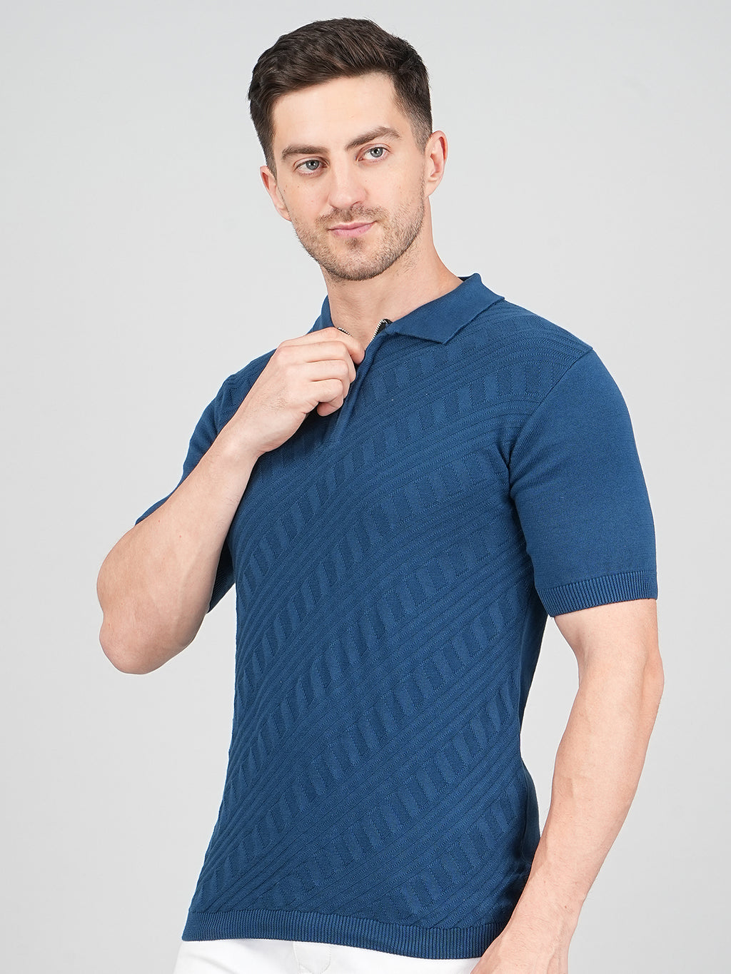 FEVERFEW Men Self Design Polo Neck Pure Cotton T-Shirt