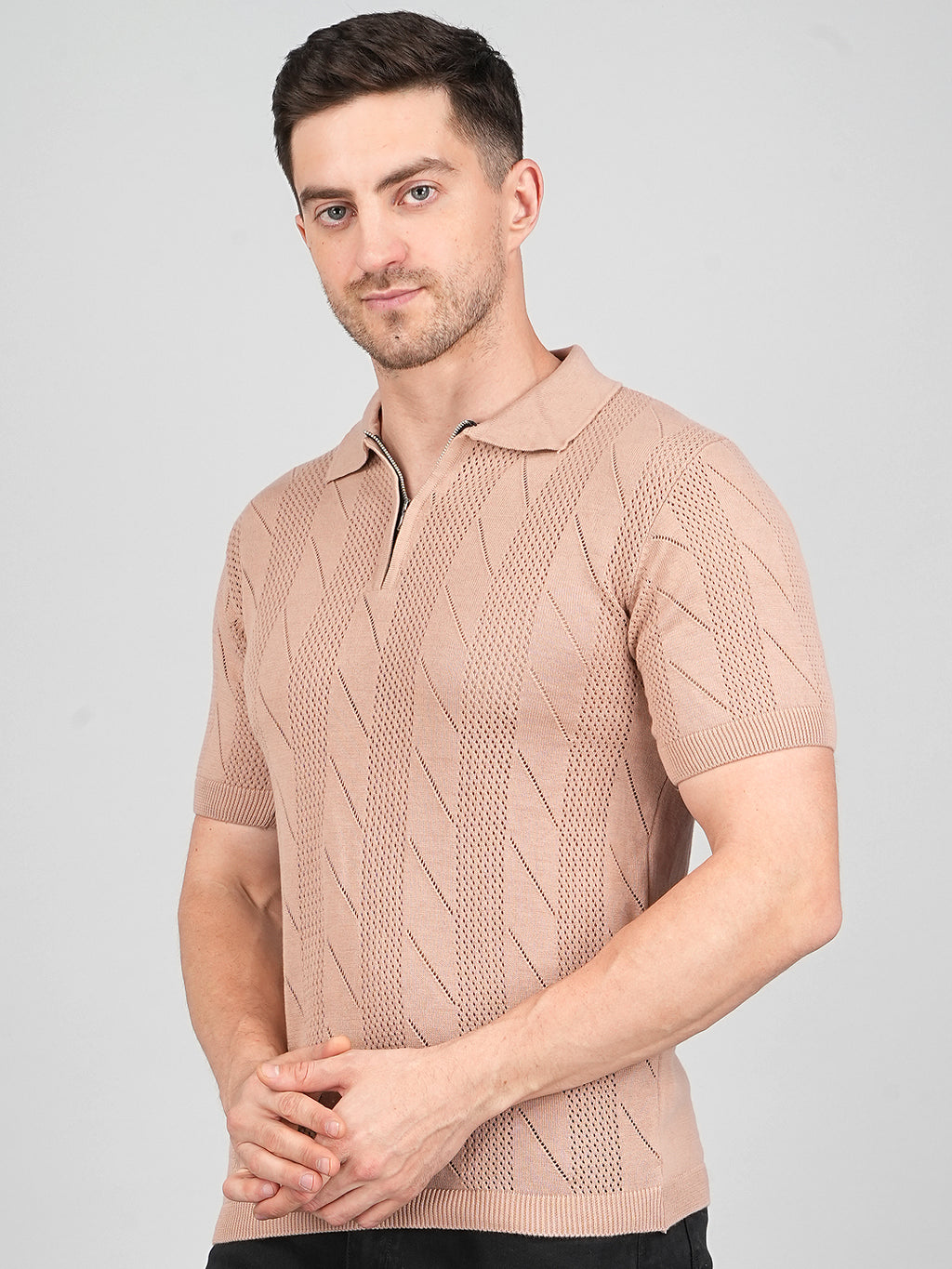FEVERFEW Men Self Design Polo Neck Pure Cotton T-Shirt