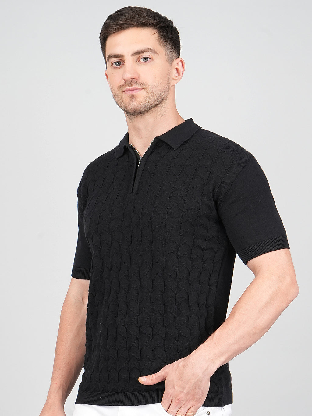 FEVERFEW Men Self Design Polo Neck Pure Cotton T-Shirt
