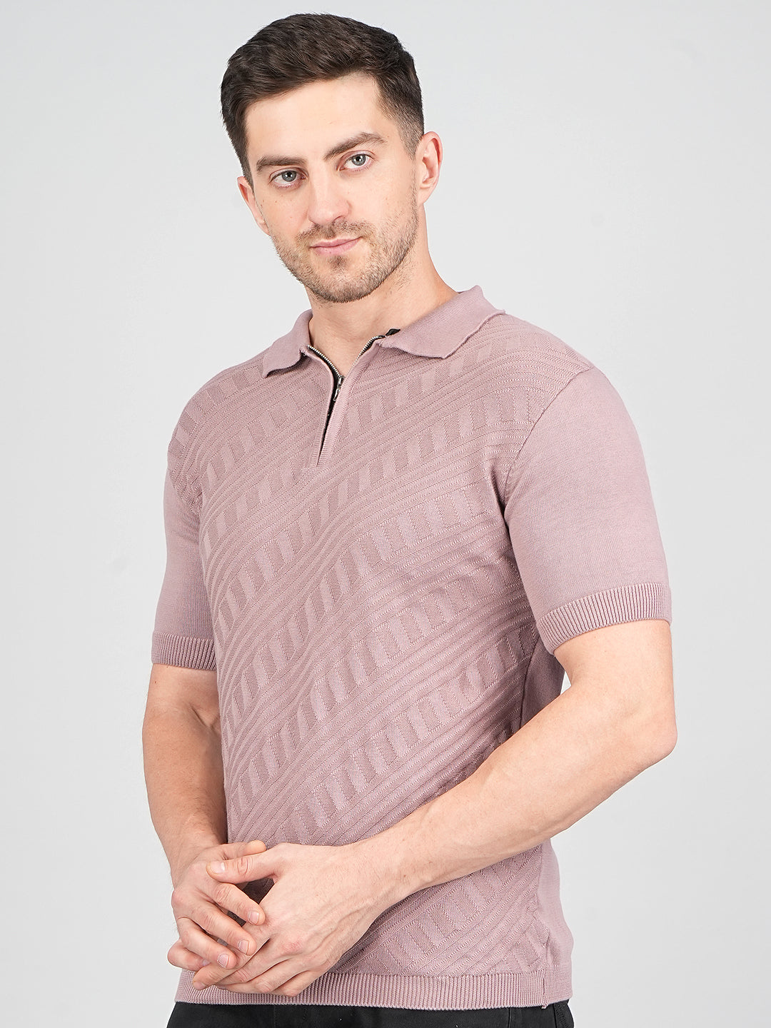 FEVERFEW Men Self Design Polo Neck Pure Cotton T-Shirt