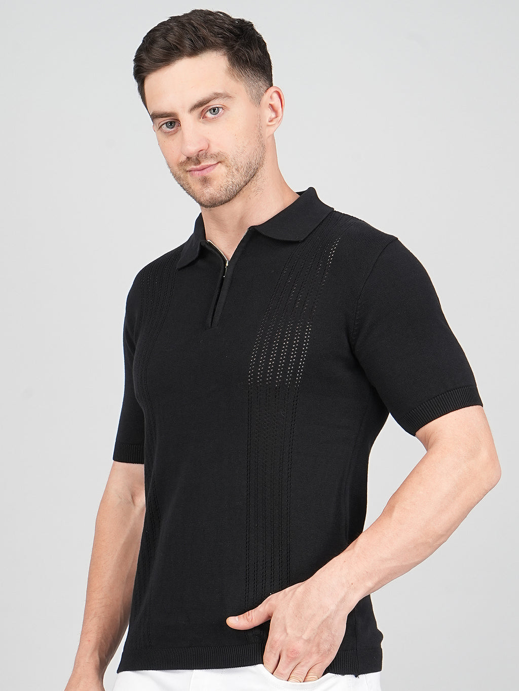FEVERFEW Men Self Design Polo Neck Pure Cotton T-Shirt