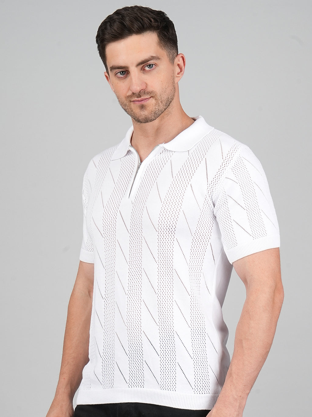 FEVERFEW Men Self Design Polo Neck Pure Cotton T-Shirt