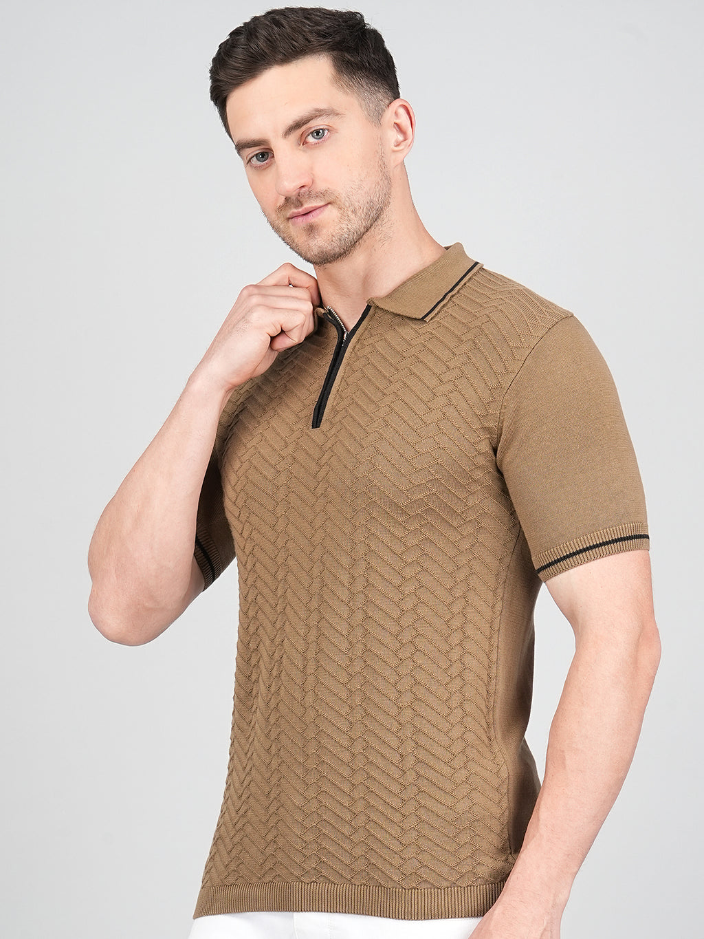 FEVERFEW Men Self Design Polo Neck Pure Cotton T-Shirt
