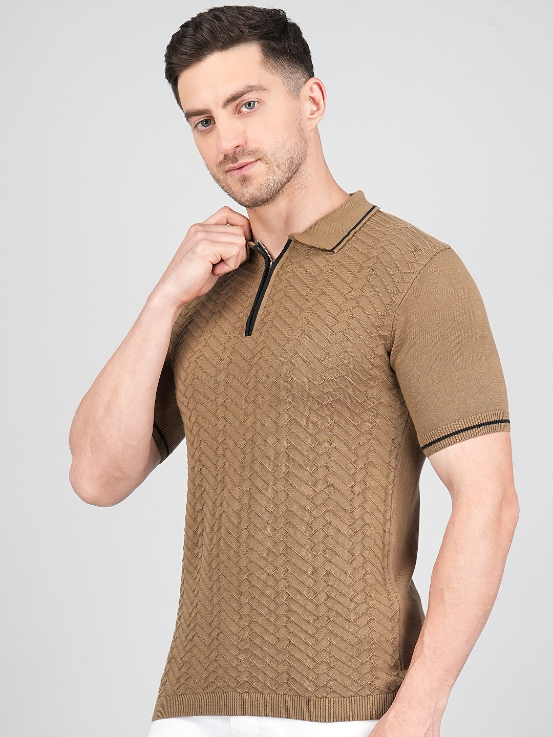 FEVERFEW Men Self Design Polo Neck Pure Cotton T-Shirt