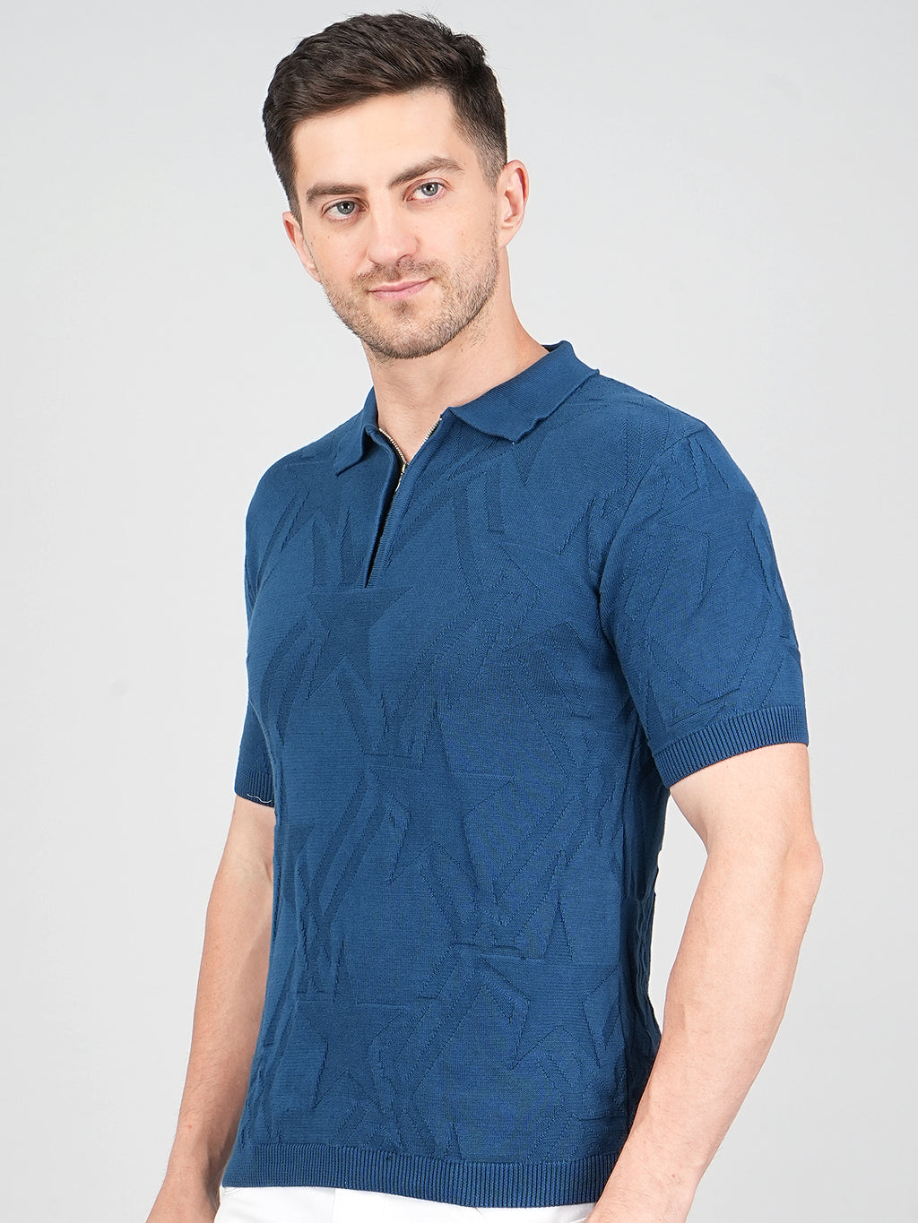 FEVERFEW Men Self Design Polo Neck Pure Cotton T-Shirt