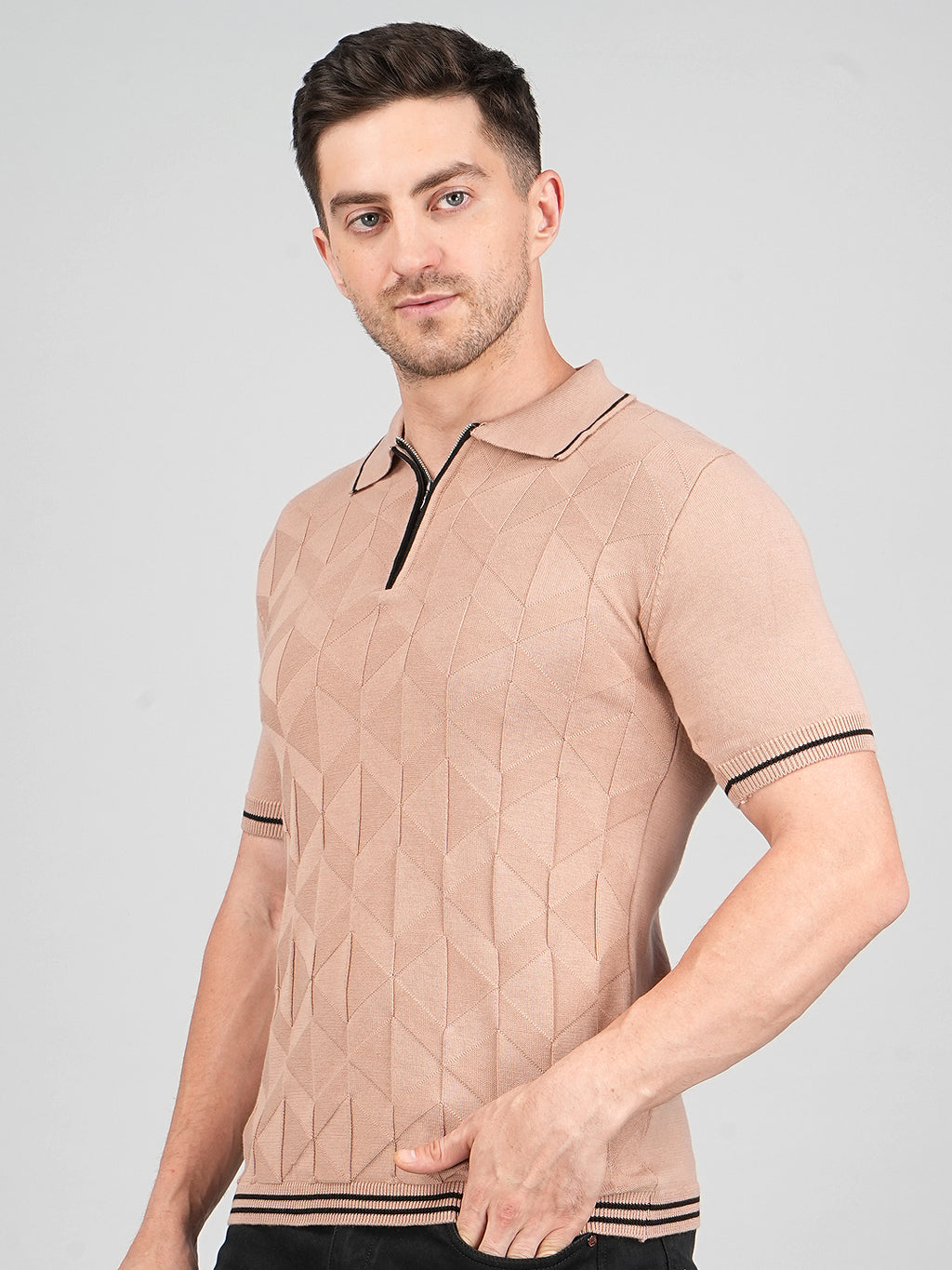 FEVERFEW Men Self Design Polo Neck Pure Cotton T-Shirt