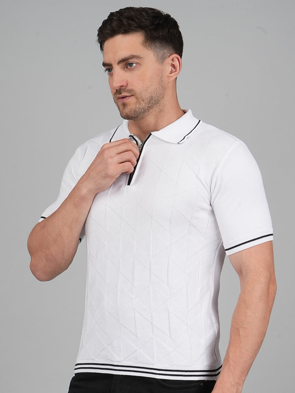 FEVERFEW Men Self Design Polo Neck Pure Cotton T-Shirt