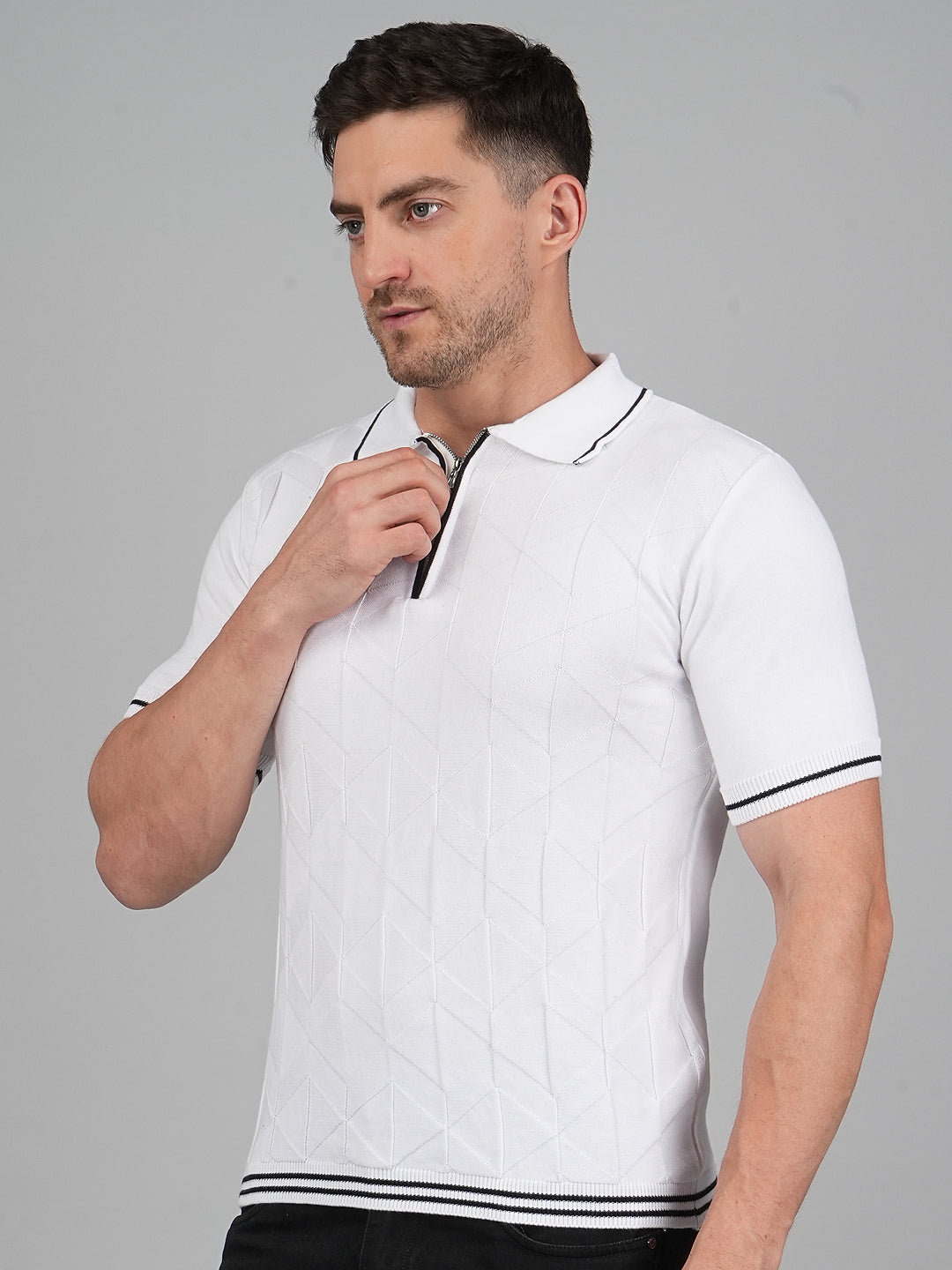 FEVERFEW Men Self Design Polo Neck Pure Cotton T-Shirt