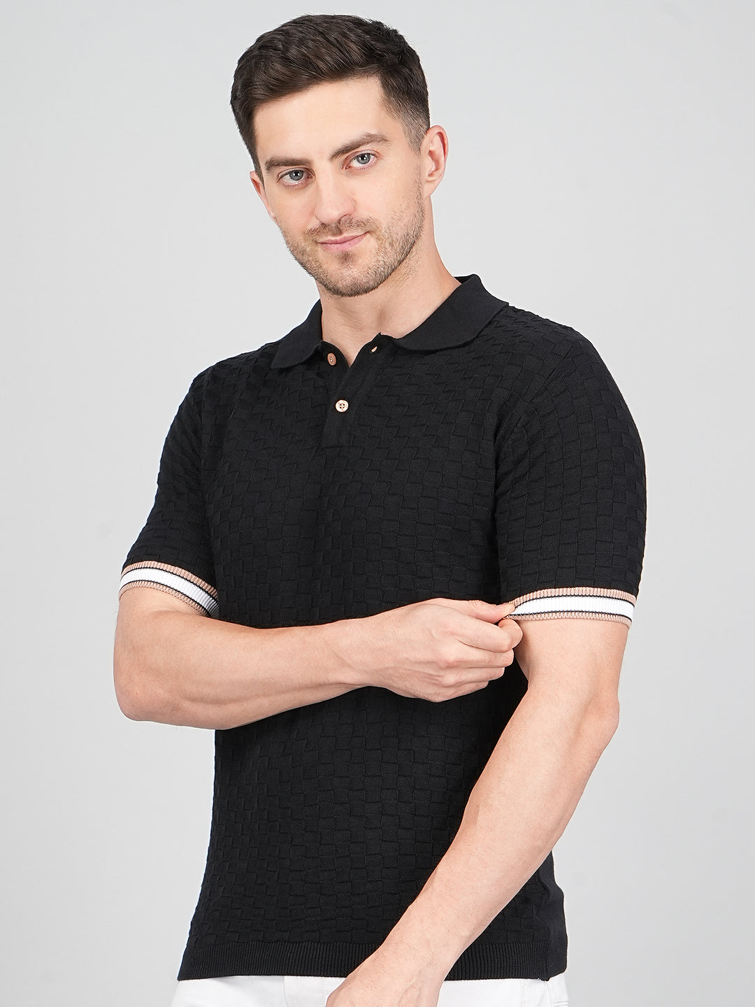 FEVERFEW Men Self Design Polo Neck Pure Cotton T-Shirt