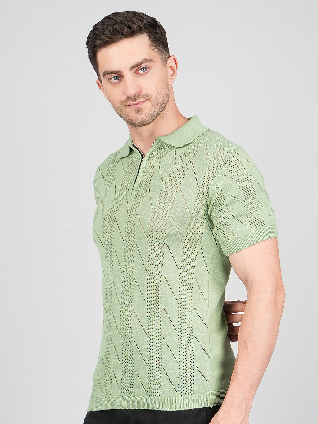 FEVERFEW Men Self Design Polo Neck Pure Cotton T-Shirt