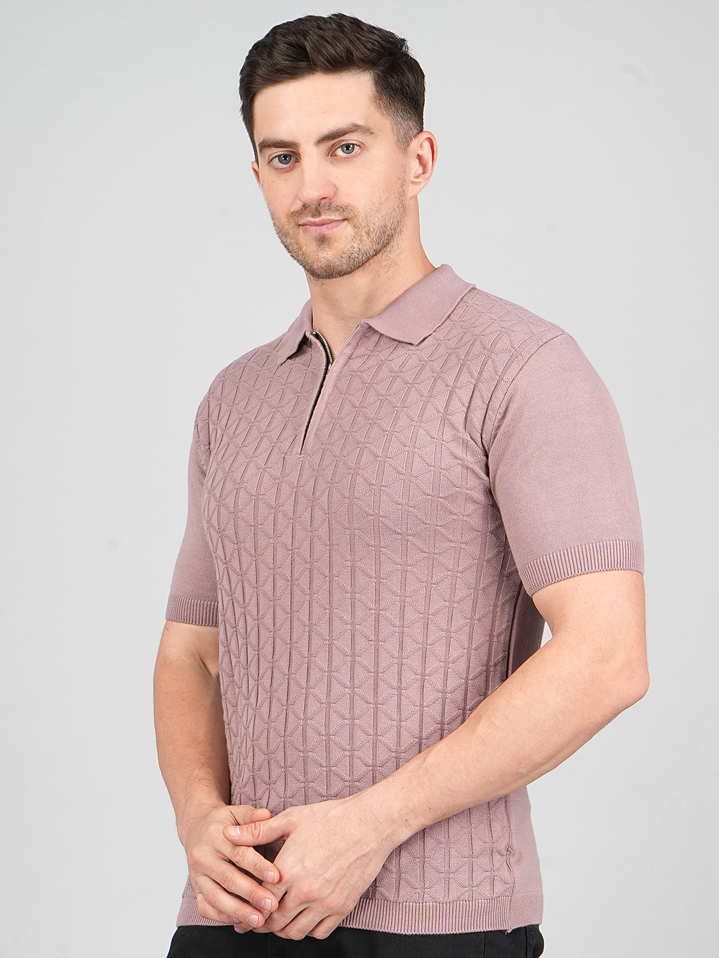 FEVERFEW Men Self Design Polo Neck Pure Cotton T-Shirt