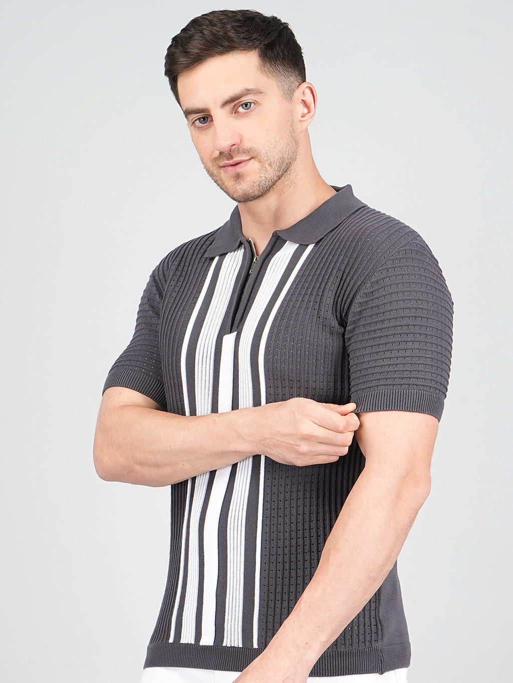 FEVERFEW Men Self Design Polo Neck Pure Cotton T-Shirt