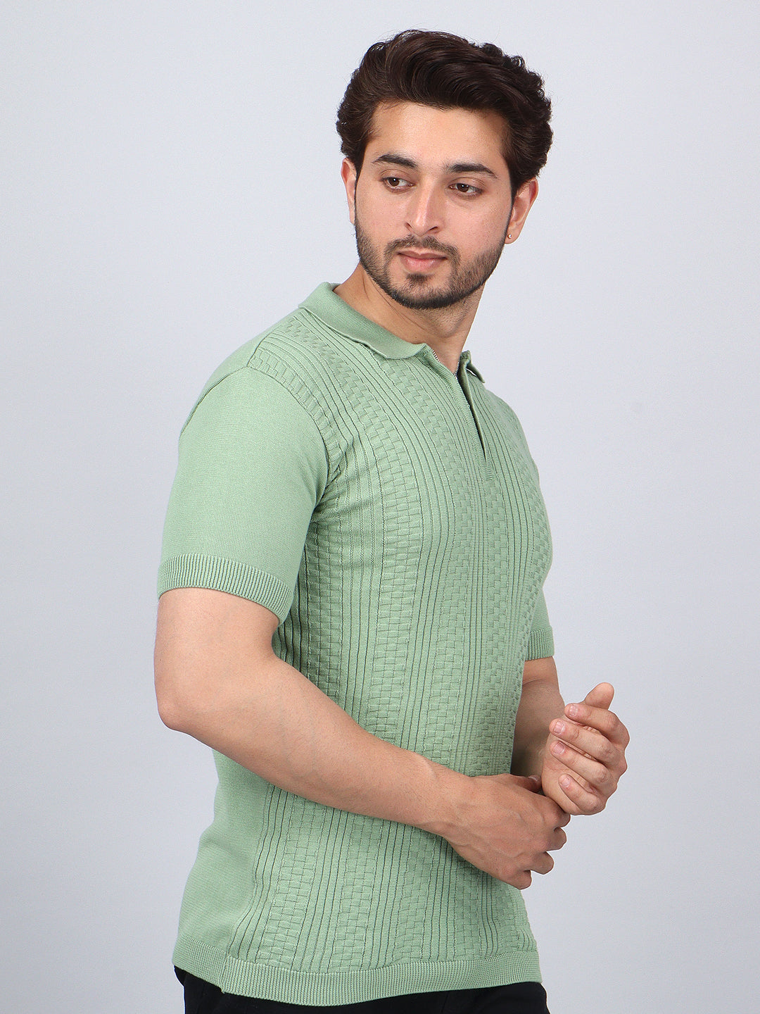 FEVERFEW Men Self Design Polo Neck Pure Cotton T-Shirt