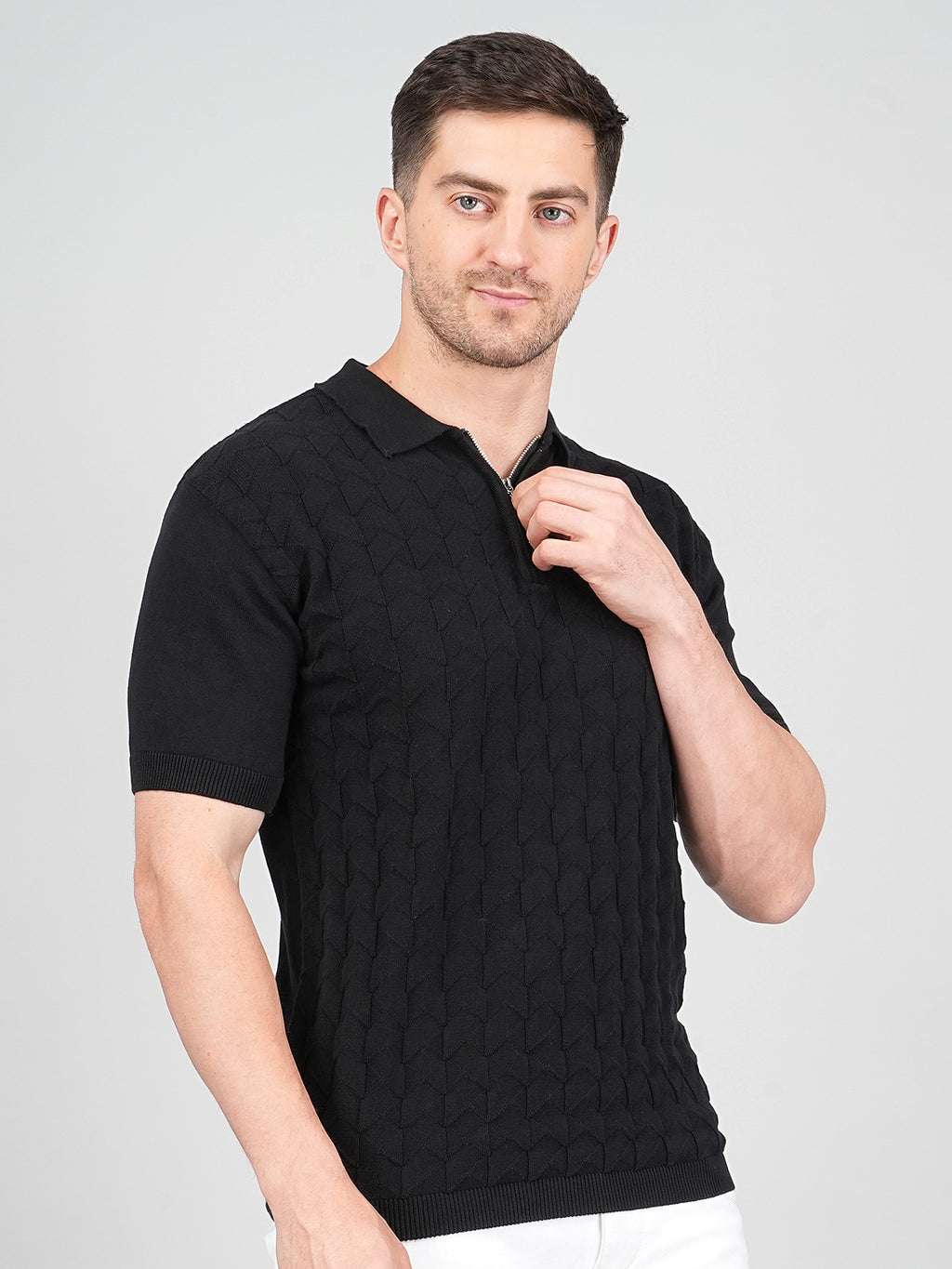 FEVERFEW Men Self Design Polo Neck Pure Cotton T-Shirt