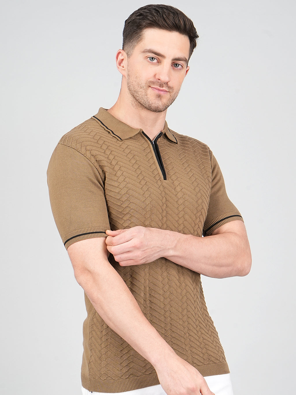 FEVERFEW Men Self Design Polo Neck Pure Cotton T-Shirt