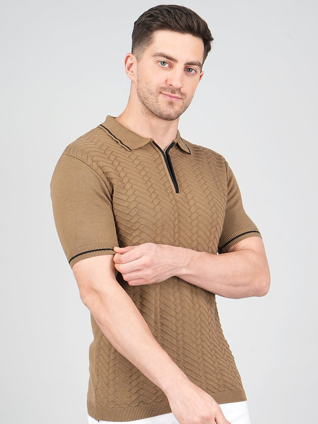 FEVERFEW Men Self Design Polo Neck Pure Cotton T-Shirt