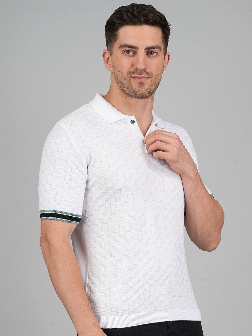 FEVERFEW Men Self Design Polo Neck Pure Cotton T-Shirt
