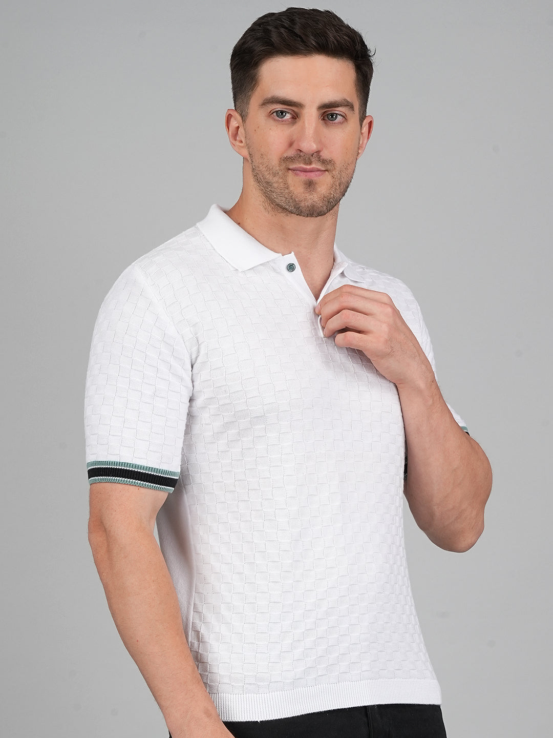 FEVERFEW Men Self Design Polo Neck Pure Cotton T-Shirt