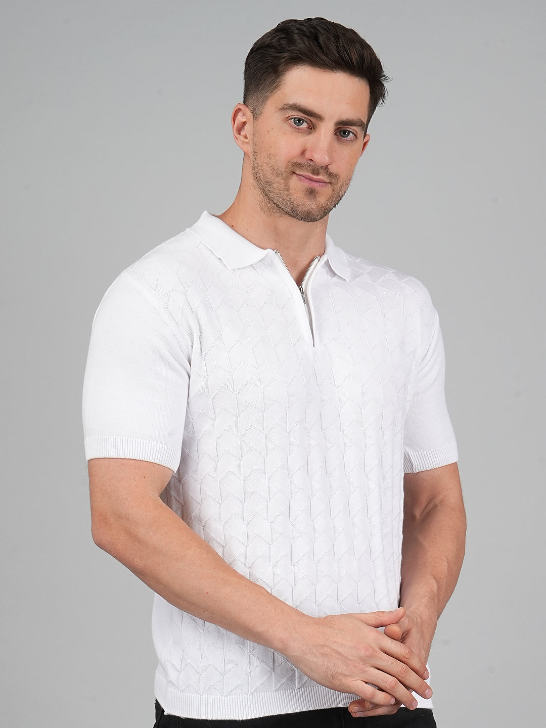 FEVERFEW Men Self Design Polo Neck Pure Cotton T-Shirt