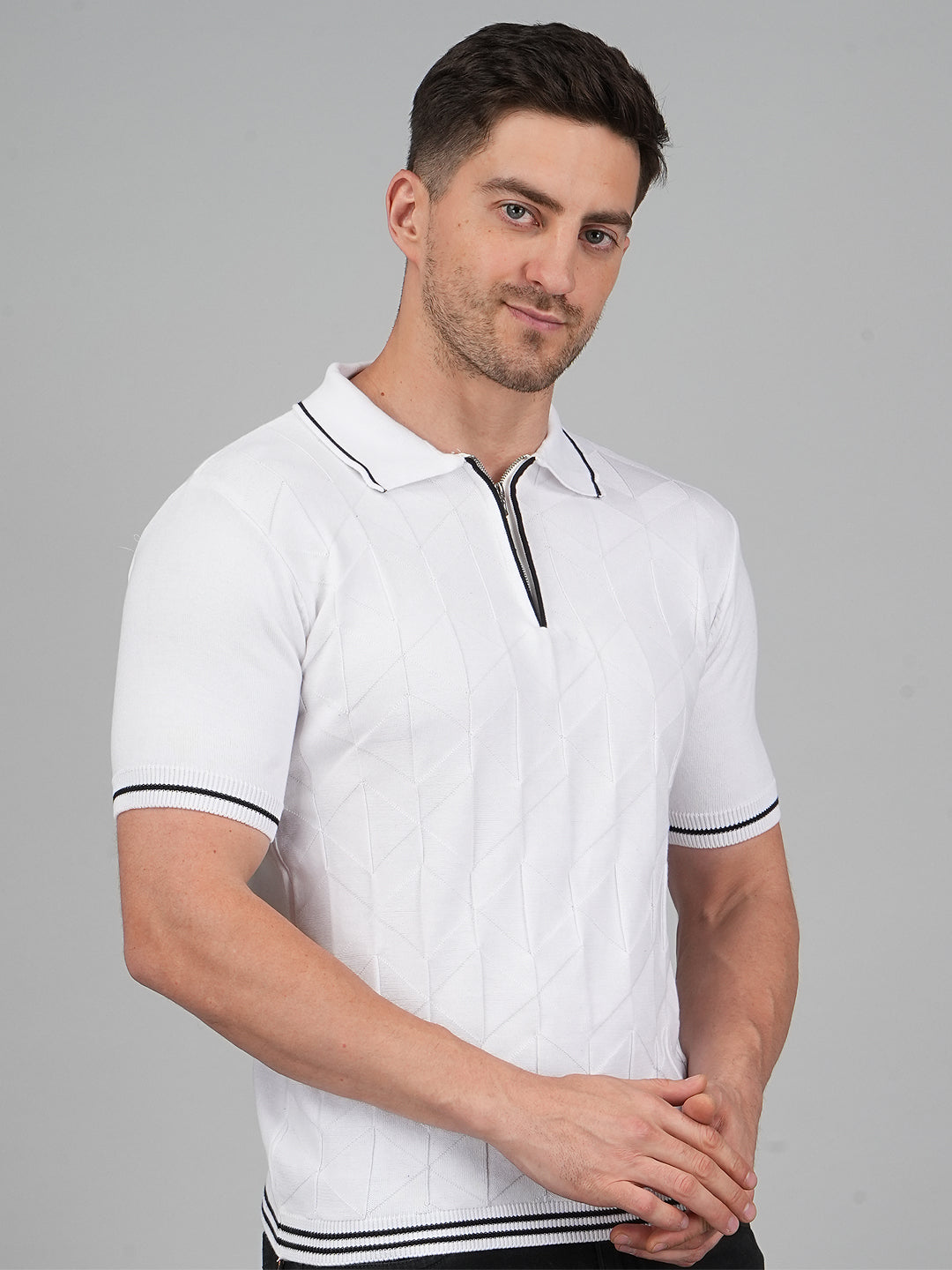 FEVERFEW Men Self Design Polo Neck Pure Cotton T-Shirt