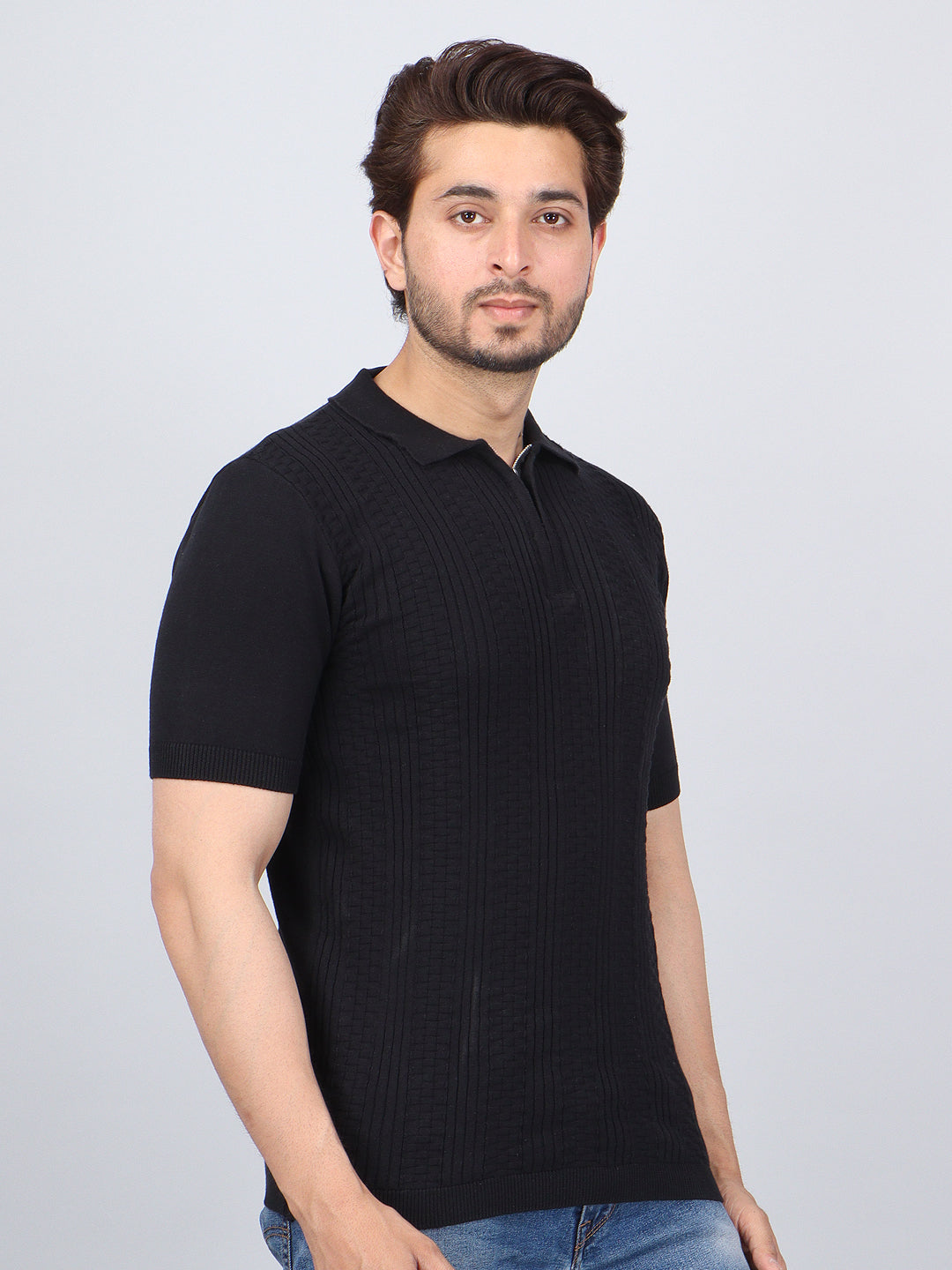 FEVERFEW Men Self Design Polo Neck Pure Cotton T-Shirt