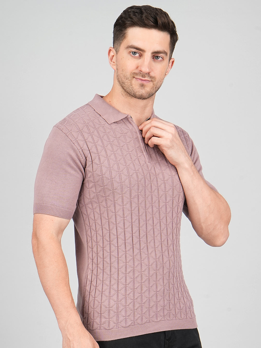 FEVERFEW Men Self Design Polo Neck Pure Cotton T-Shirt