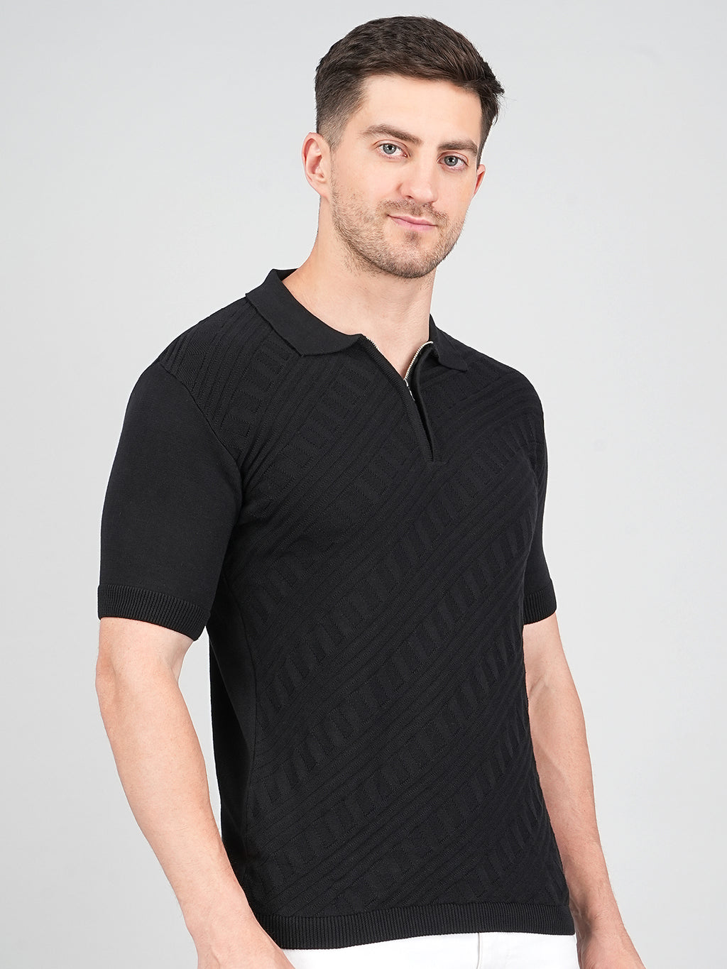 FEVERFEW Men Self Design Polo Neck Pure Cotton T-Shirt