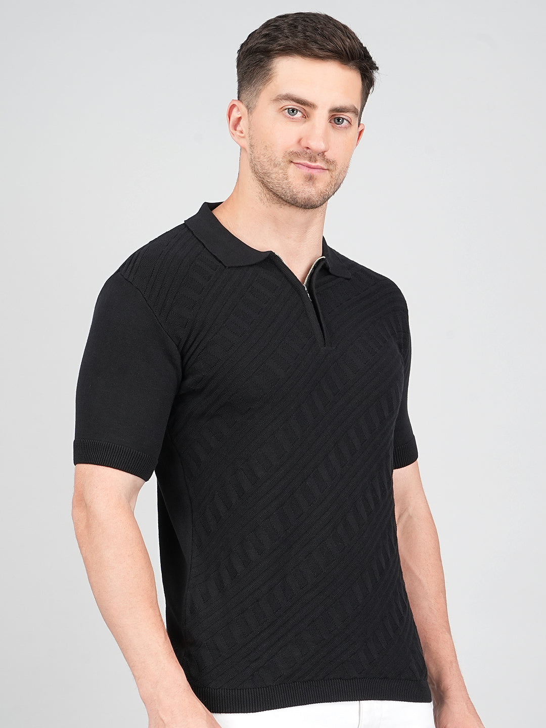 FEVERFEW Men Self Design Polo Neck Pure Cotton T-Shirt