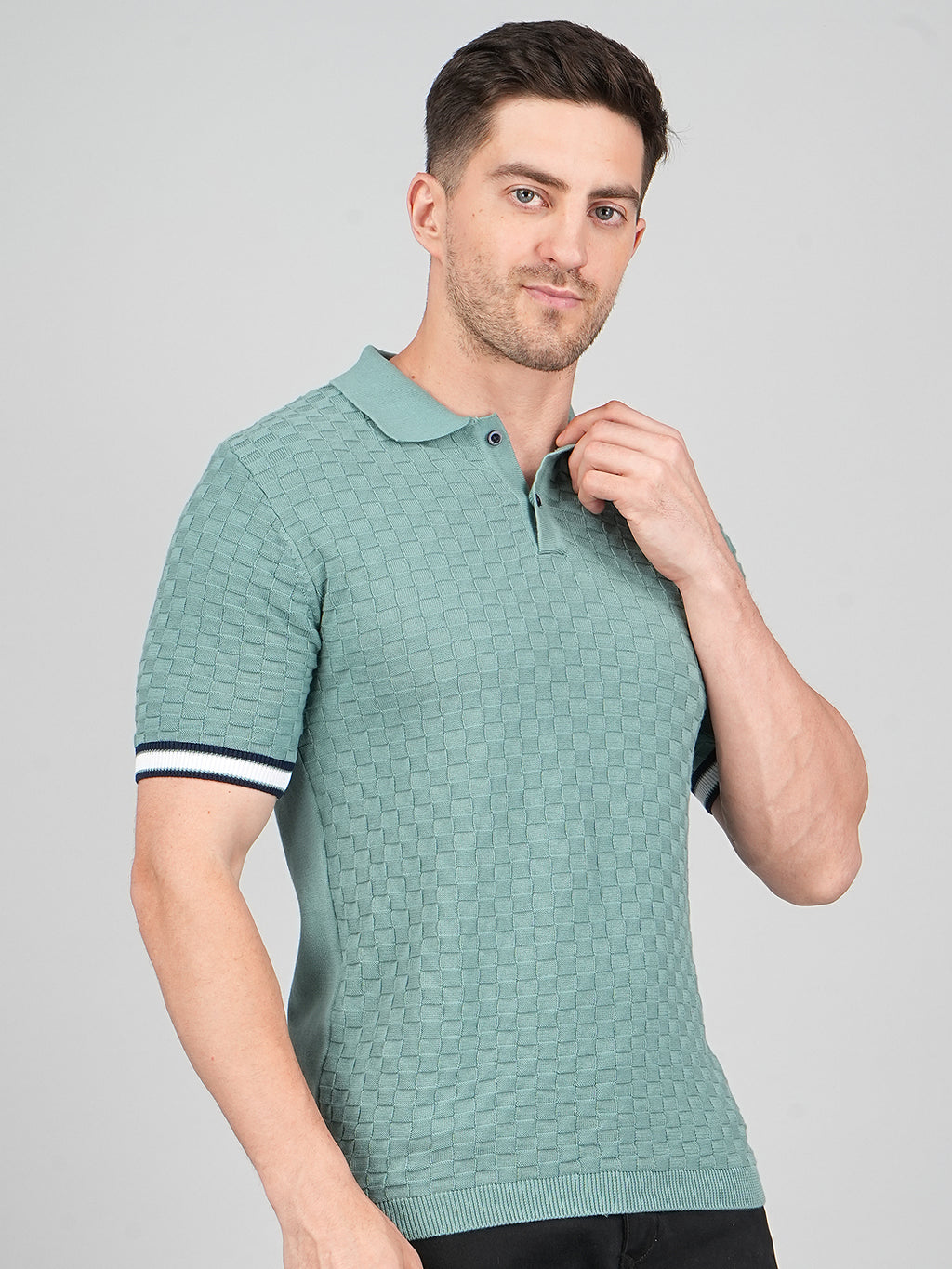 FEVERFEW Men Self Design Polo Neck Pure Cotton T-Shirt