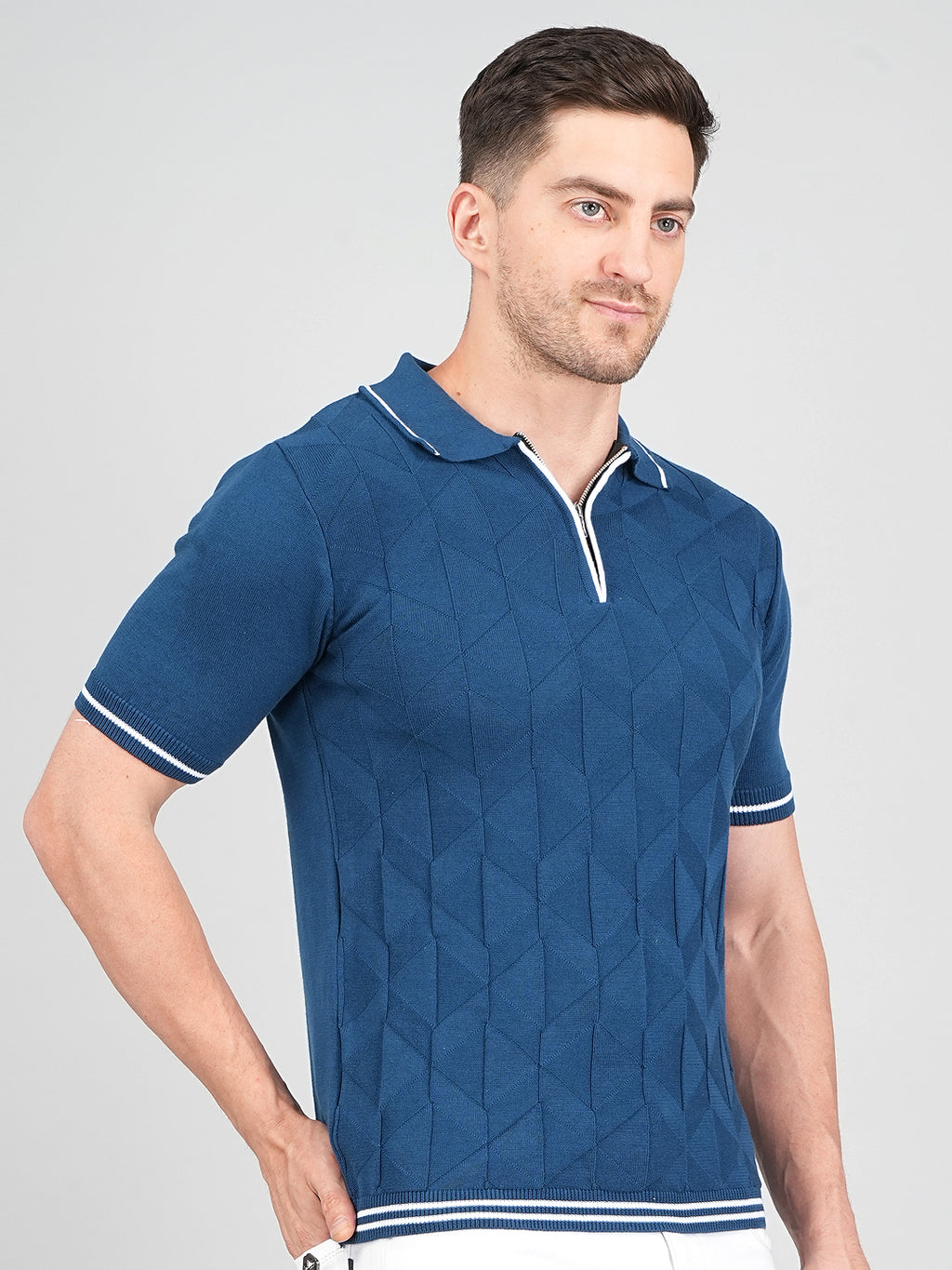 FEVERFEW Men Self Design Polo Neck Pure Cotton T-Shirt