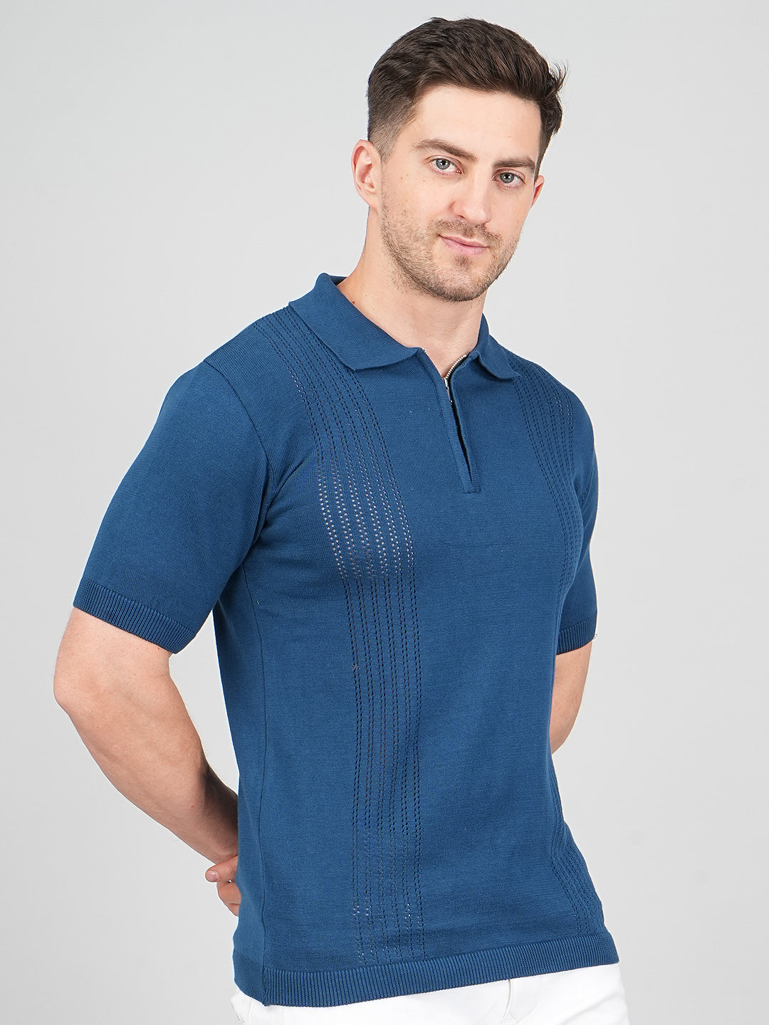 FEVERFEW Men Self Design Polo Neck Pure Cotton T-Shirt