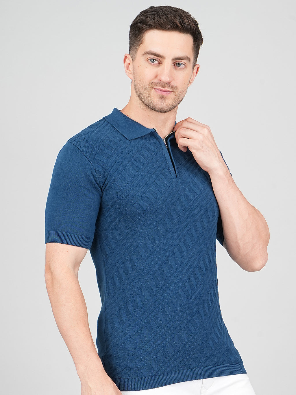 FEVERFEW Men Self Design Polo Neck Pure Cotton T-Shirt