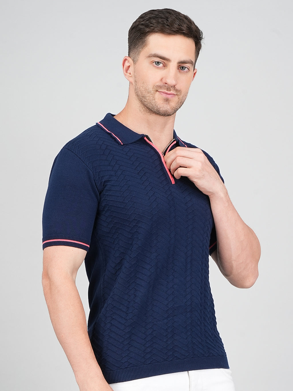 FEVERFEW Men Self Design Polo Neck Pure Cotton T-Shirt