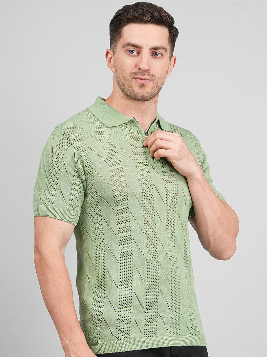 FEVERFEW Men Self Design Polo Neck Pure Cotton T-Shirt