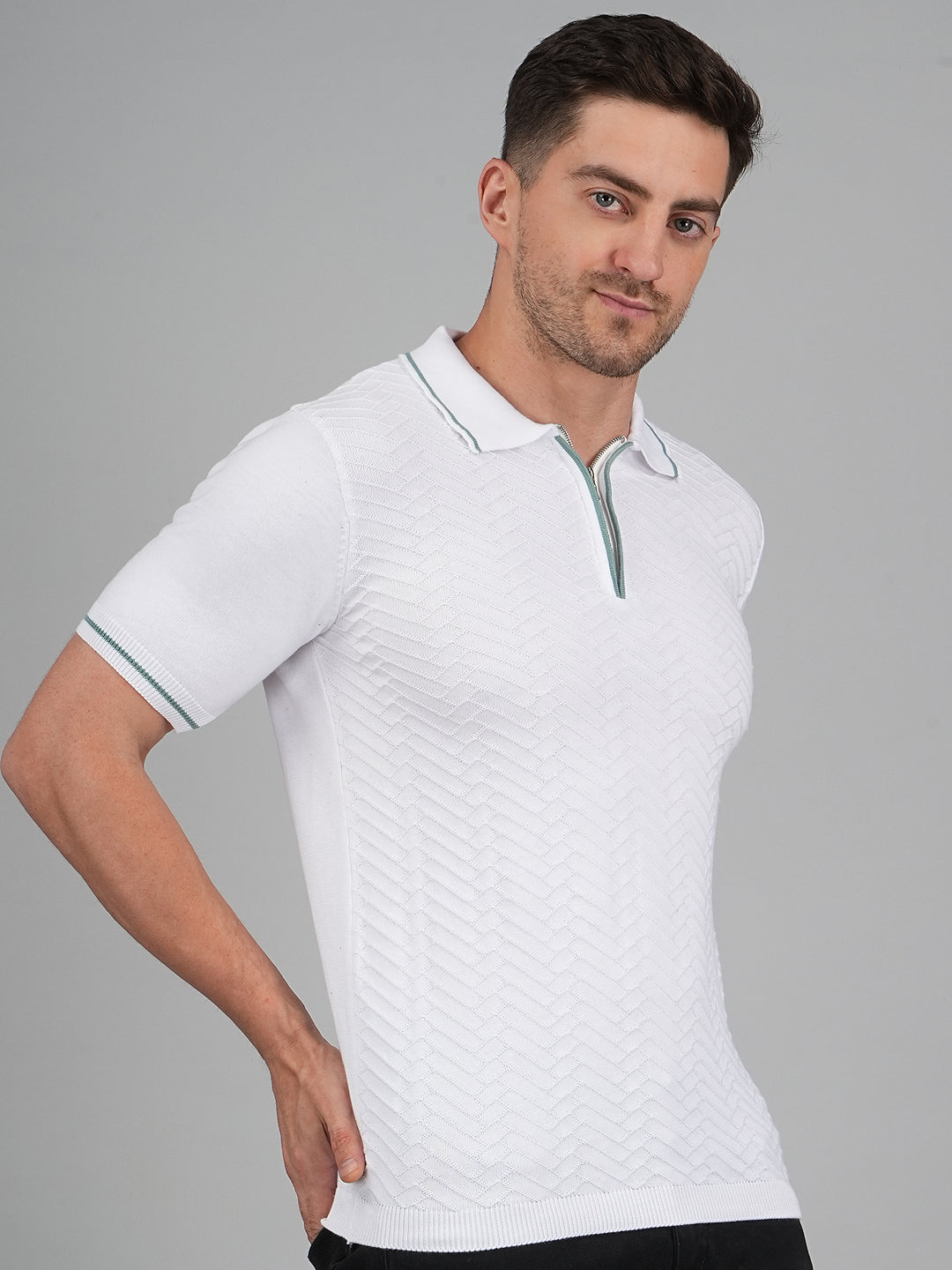 FEVERFEW Men Self Design Polo Neck Pure Cotton T-Shirt