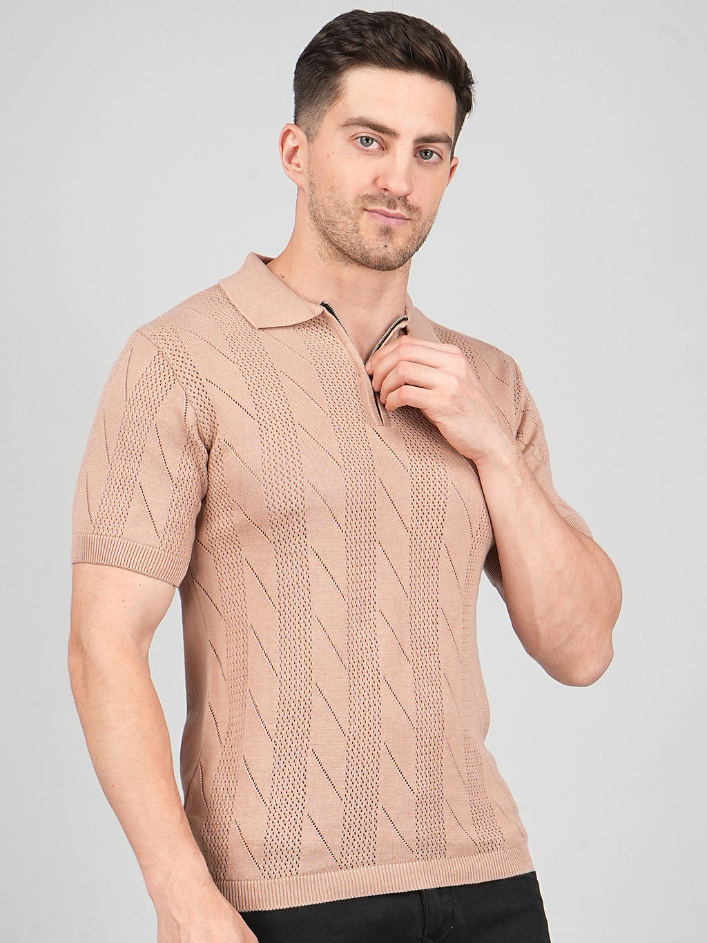 FEVERFEW Men Self Design Polo Neck Pure Cotton T-Shirt
