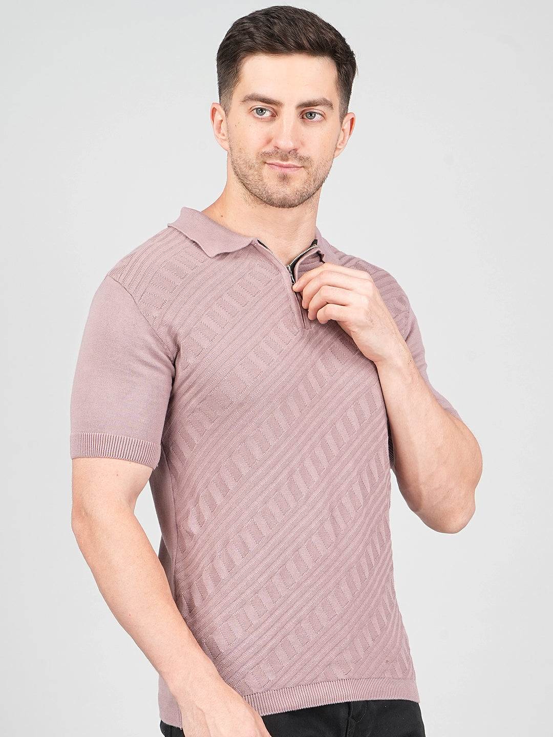 FEVERFEW Men Self Design Polo Neck Pure Cotton T-Shirt