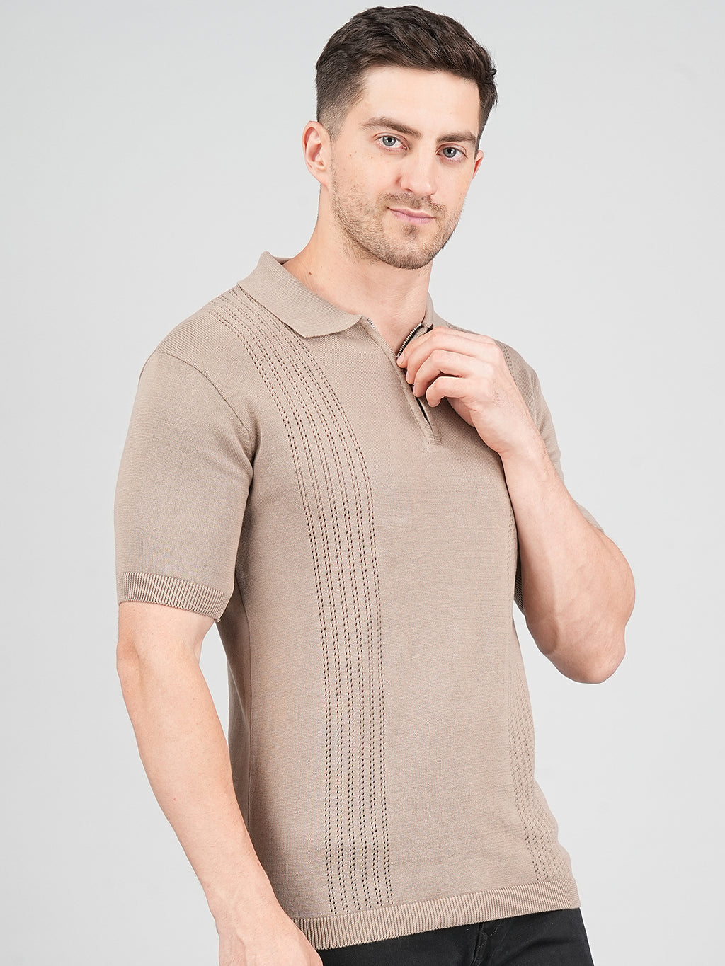 FEVERFEW Men Self Design Polo Neck Pure Cotton T-Shirt