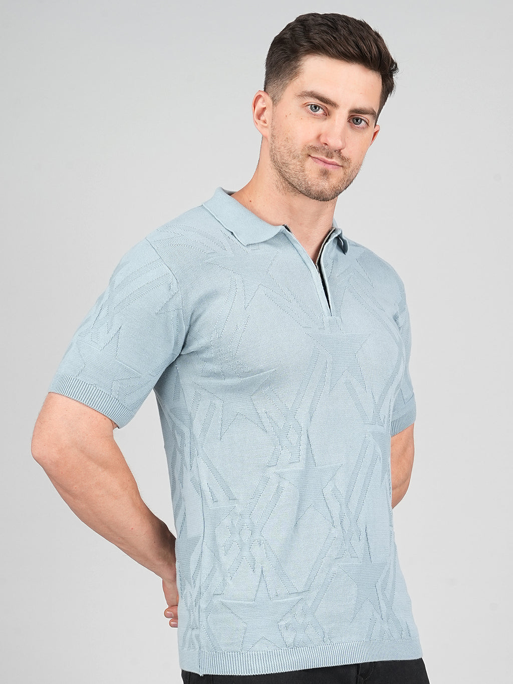 FEVERFEW Men Self Design Polo Neck Pure Cotton T-Shirt