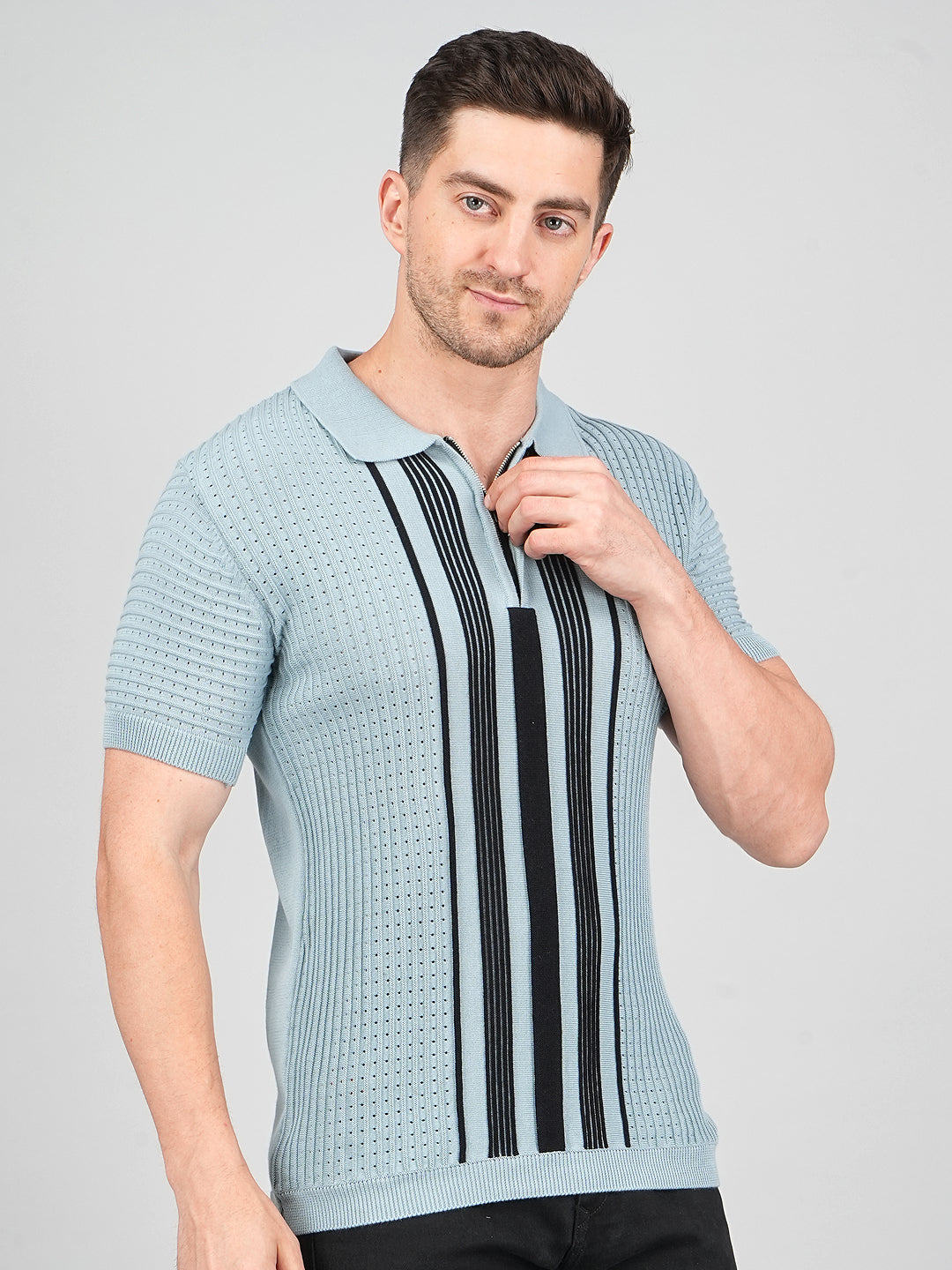 FEVERFEW Men Self Design Polo Neck Pure Cotton T-Shirt
