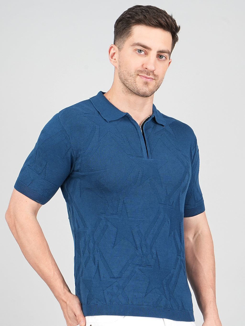 FEVERFEW Men Self Design Polo Neck Pure Cotton T-Shirt