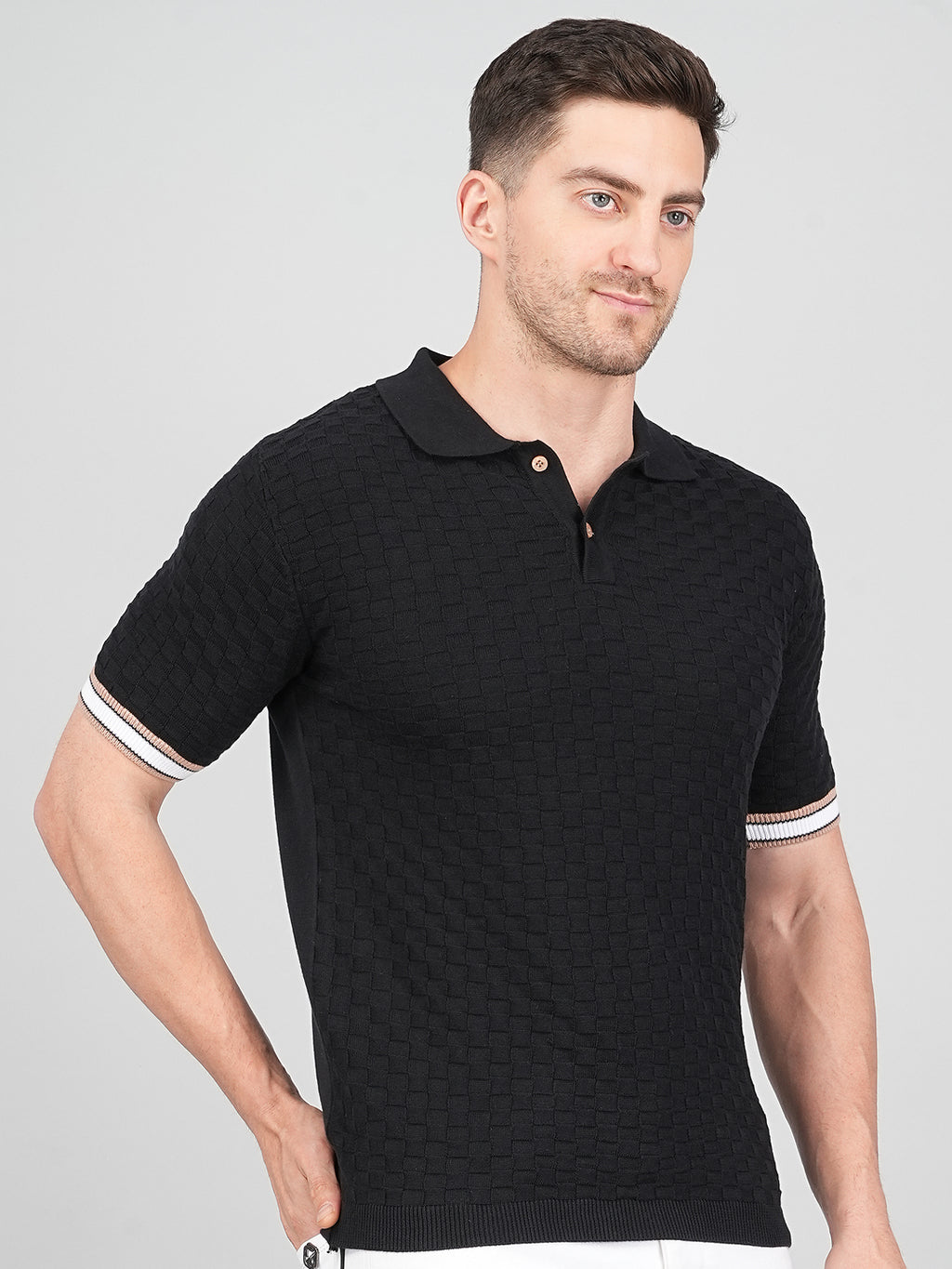 FEVERFEW Men Self Design Polo Neck Pure Cotton T-Shirt