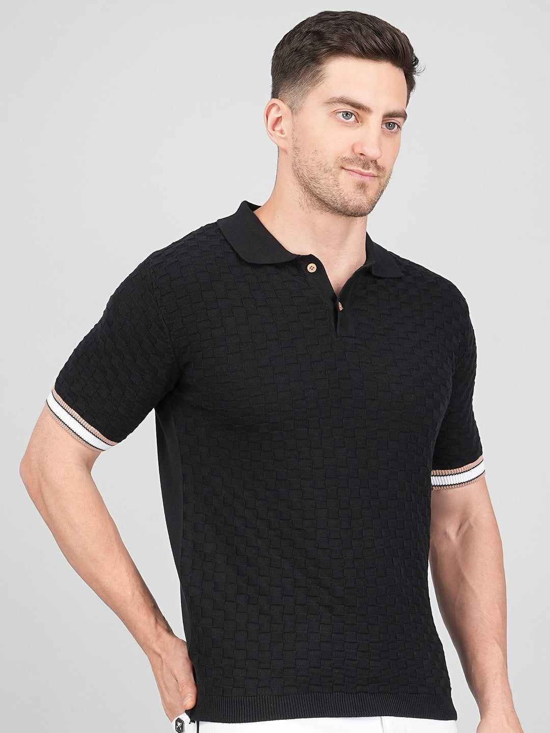 FEVERFEW Men Self Design Polo Neck Pure Cotton T-Shirt