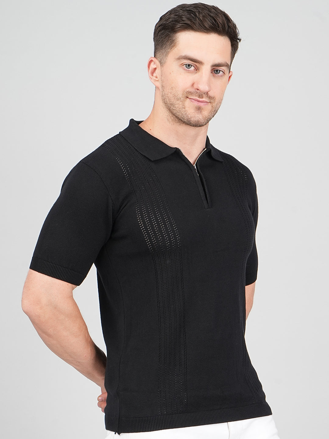 FEVERFEW Men Self Design Polo Neck Pure Cotton T-Shirt
