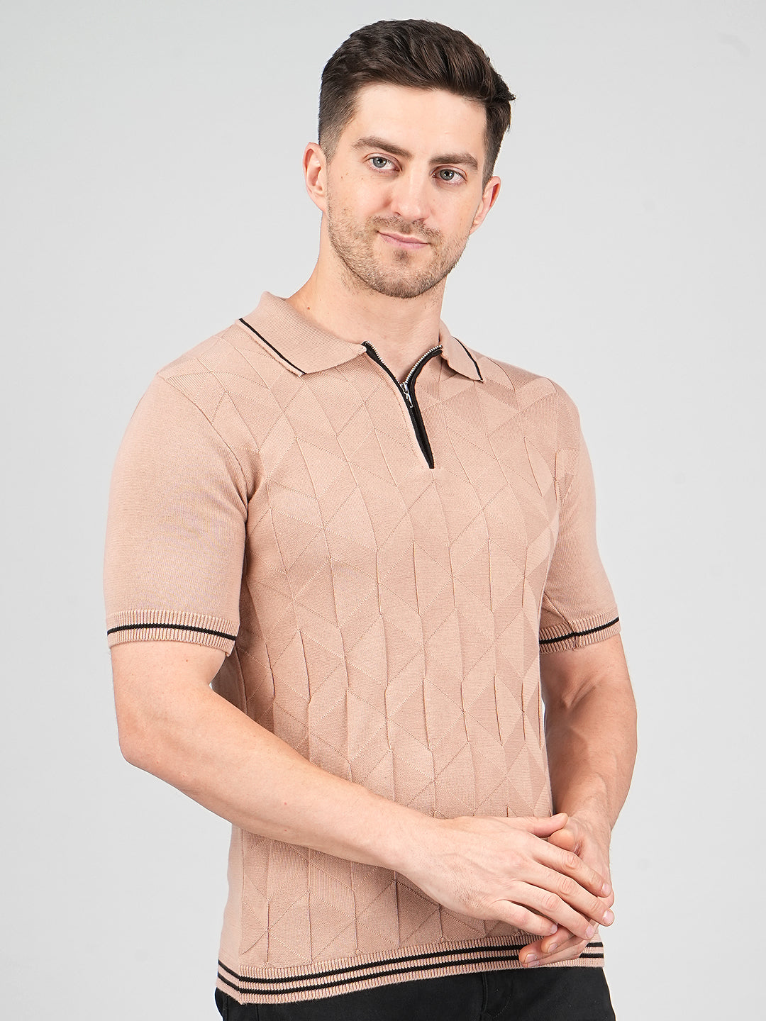 FEVERFEW Men Self Design Polo Neck Pure Cotton T-Shirt