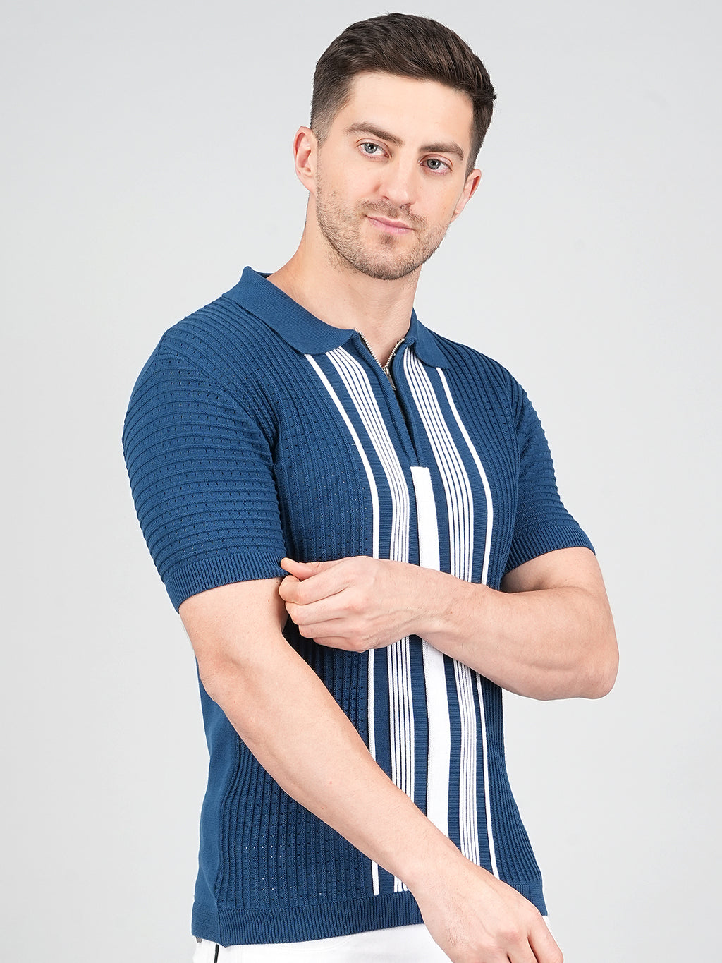 FEVERFEW Men Self Design Polo Neck Pure Cotton T-Shirt