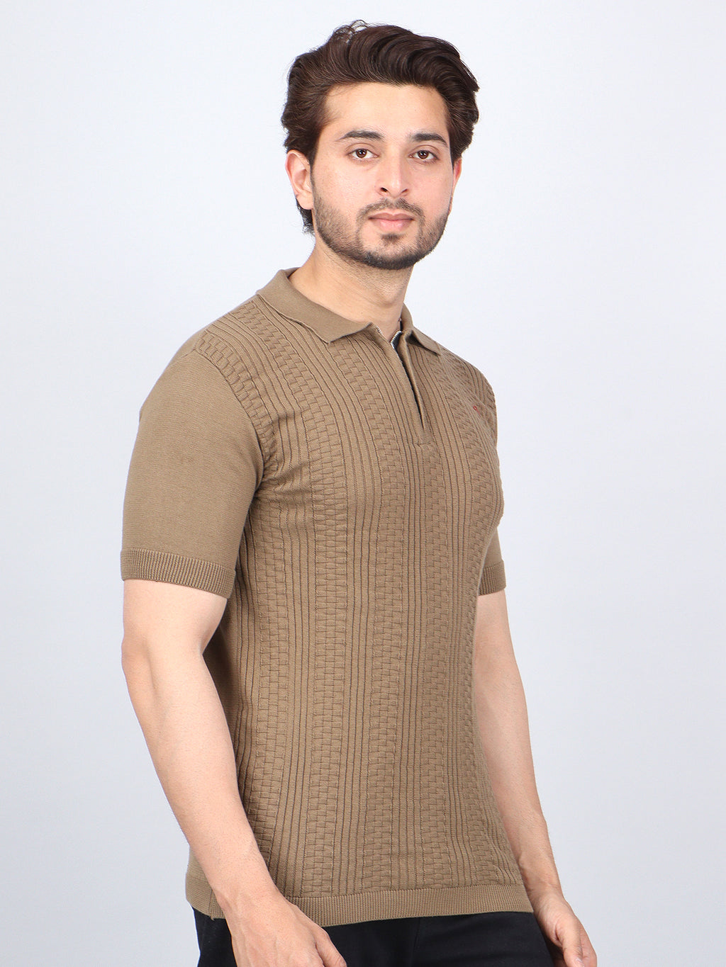 FEVERFEW Men Self Design Polo Neck Pure Cotton T-Shirt
