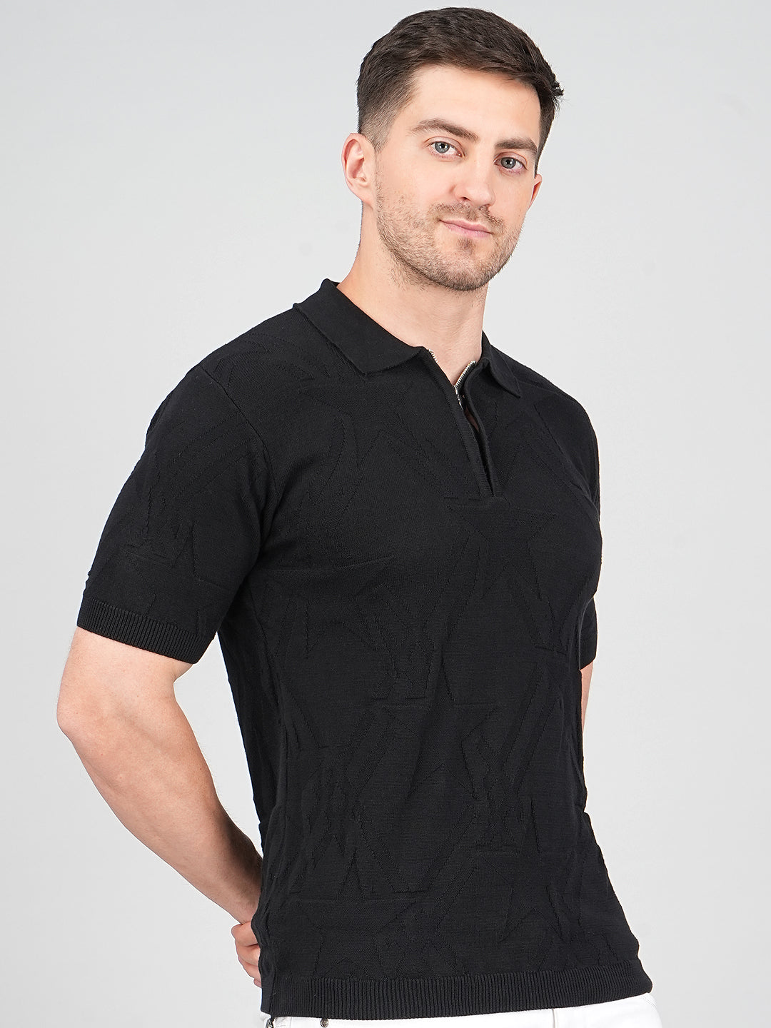 FEVERFEW Men Self Design Polo Neck Pure Cotton T-Shirt